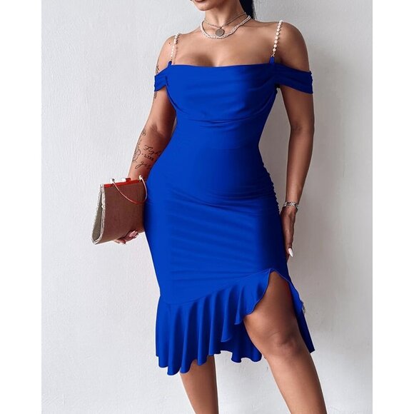 Women's Sexy Bodycon Blue Dress Off Shoulder Pearl Strap Midi Ruffle Cocktail - Picture 5 of 5